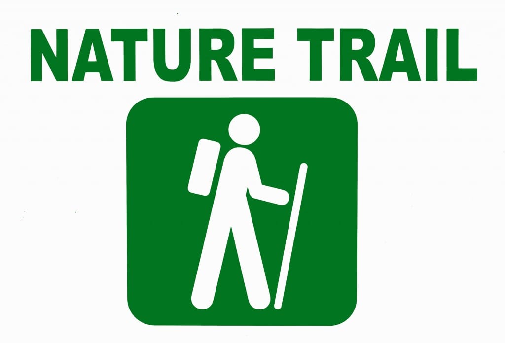 Nature trail sign with stick figure hiker
