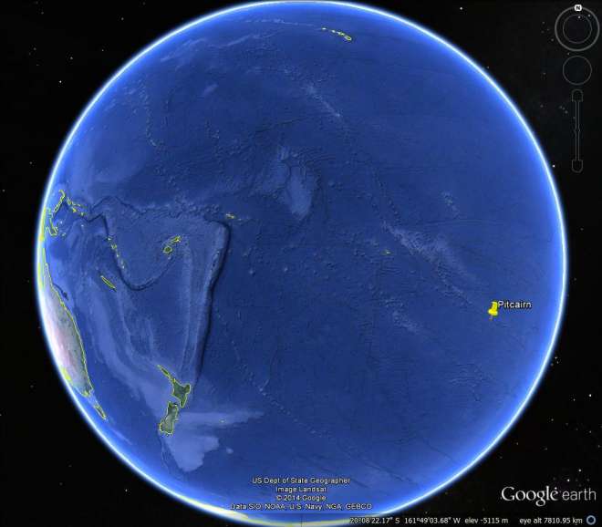 Location of Pitcairn Island on Google Earth