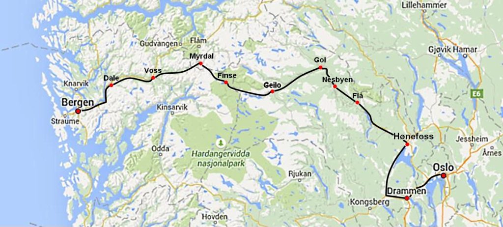 Map of Bergenbanen route - best train journey in norway