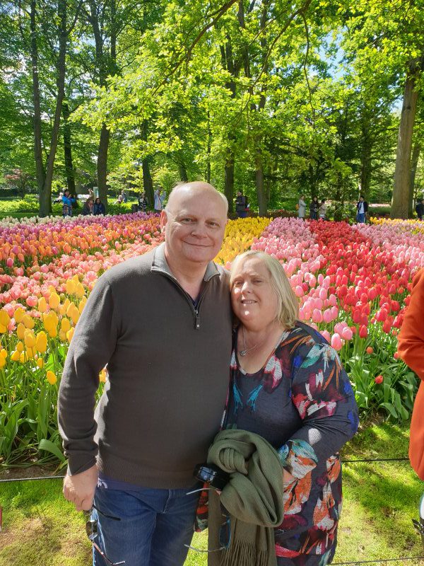 James and I loving the tulips and other flowers abundant here