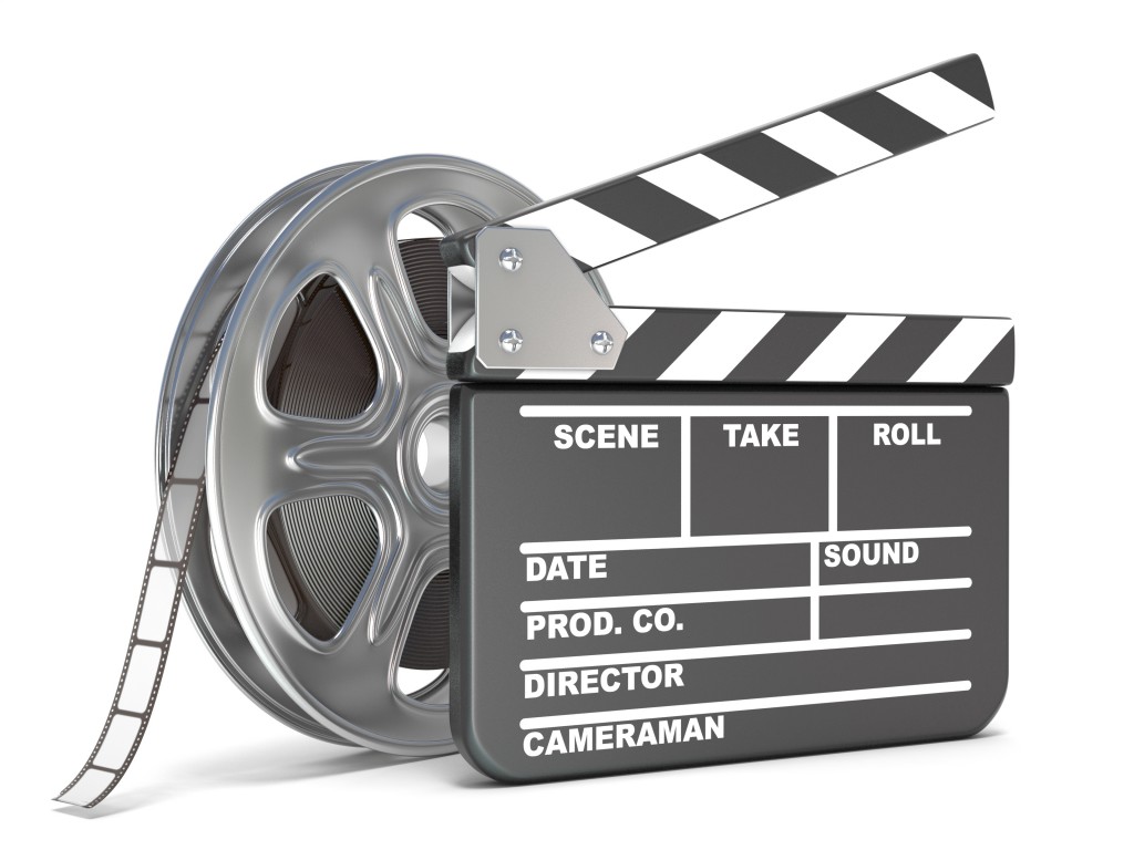 Film reel and movie clapper board. Video icon. 3D
