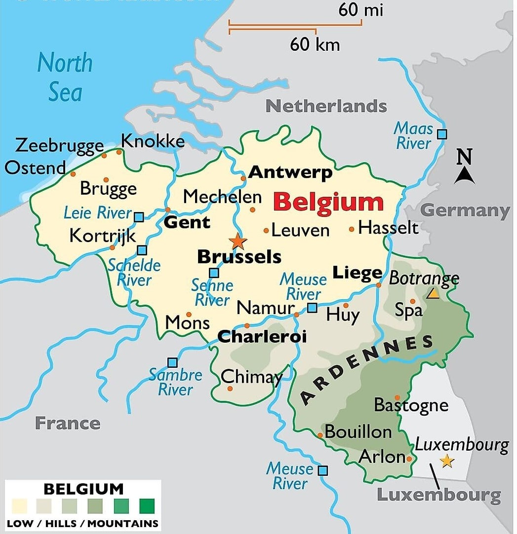 Map showing the Ardennes Belgium