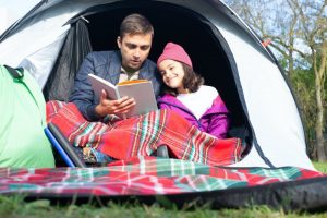 tent reading in backyard