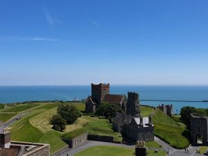 Looking out from the top of the Dover Castle tower out to the Dover Strait. 