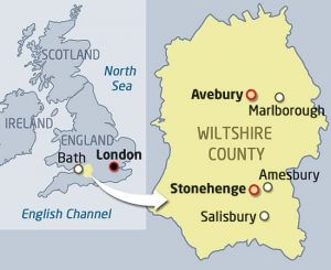 Salisbury Plain Map within the UK showing relative locations of Stonehenge and Avebury in Wiltshire County.