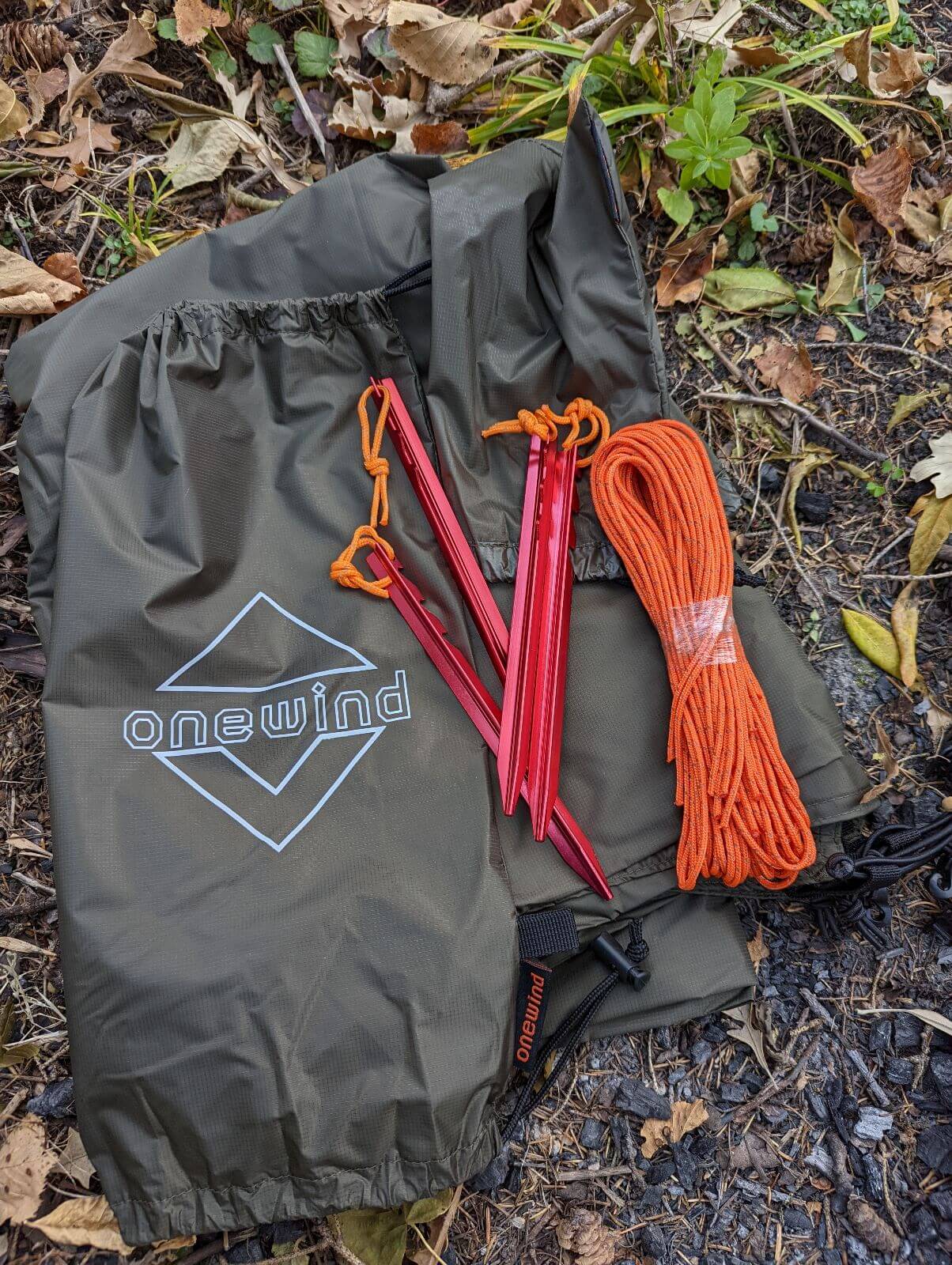 The rain fly comes with stakes and guyline to set it up as well as bags to keep it organized.