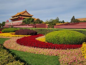 Beautiful flower beds adorn the outside of the Forbidden City