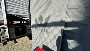 Photo showing the fabric on the back of camper