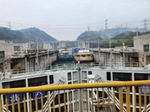2 small ships transiting 3 Gorges Dam locks on Yangtze River China