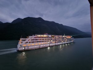 Yangtze River cruise vessel in Xiling Gorge China